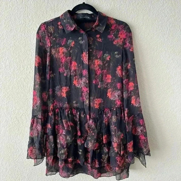 Thakoon Pink Black Floral Silk Ruffle Sheer Midi Dress Size 2 - Picture 3 of 7